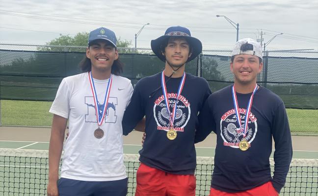COURTESY PHOTOS: From left to right, Jesus Gomez, who had an impressive showing, finished third in the boys' singles competition with Leonel Zavala and Steven Payan with their respective medals for the boys’ doubles championship on Saturday, May 11.